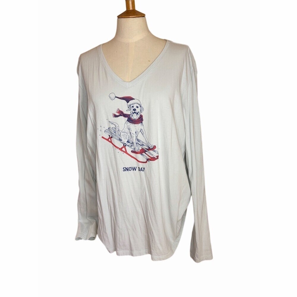 Life is Good T-Shirt Womens XL Beige Long Sleeve V-Neck Snow Day Dog